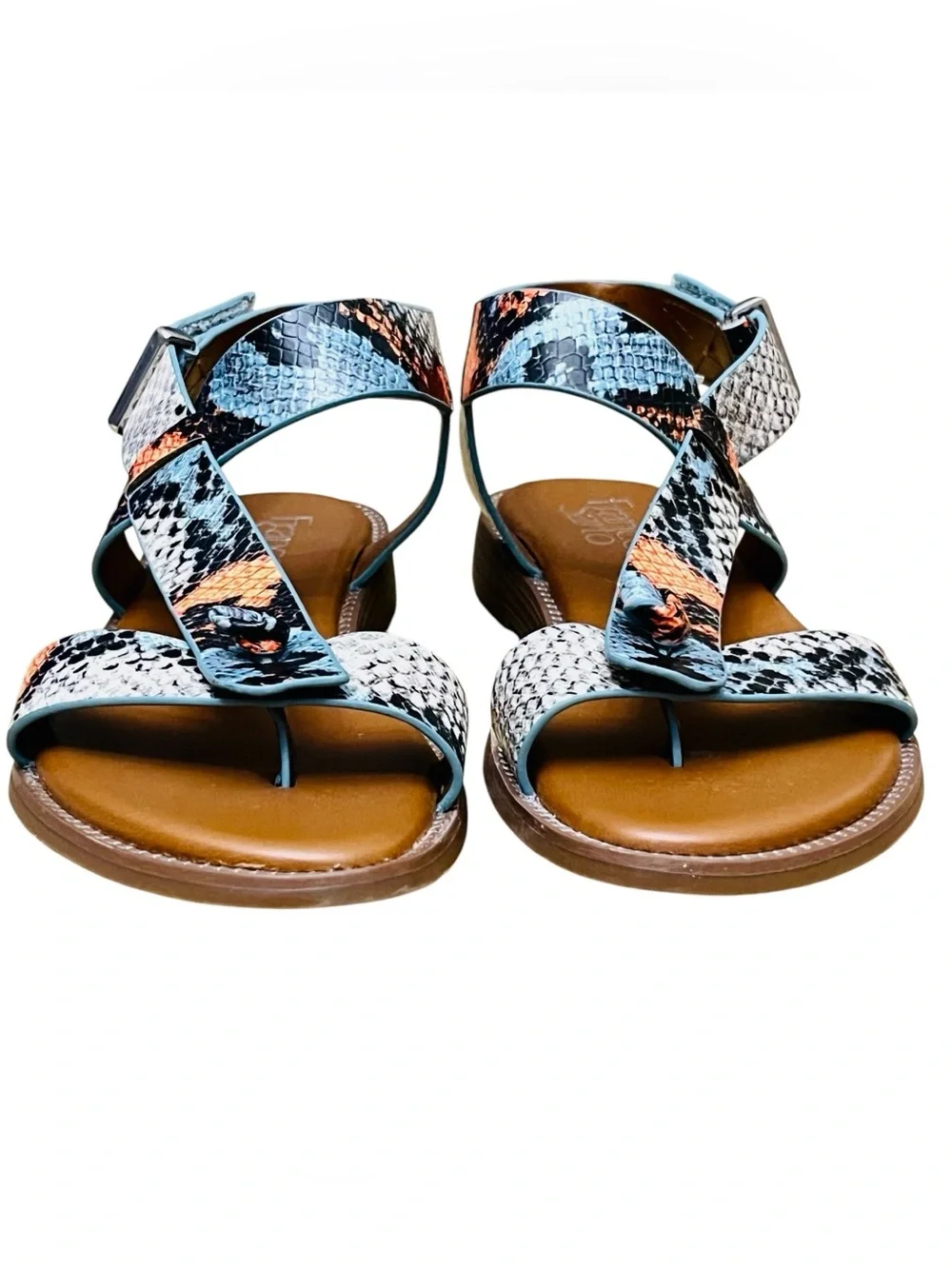 Franco Sarto Glenni Sandals Womens 6.5 M Snake Print Ankle Strap Toe-Post Flat